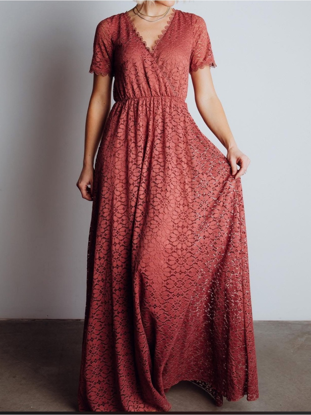 Baltic Born Venice Lace Wrap-Style Maxi Dress in Dusty Rose/Rust